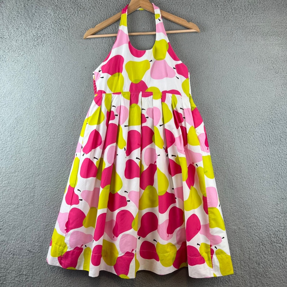 Mini Boden Kid Halter Midi Dress‎ Pink Lime Pear Fruit  Smocked Sun Dress 13-14Y